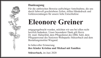 Traueranzeige von Eleonore Greiner von Südthüringer Presse