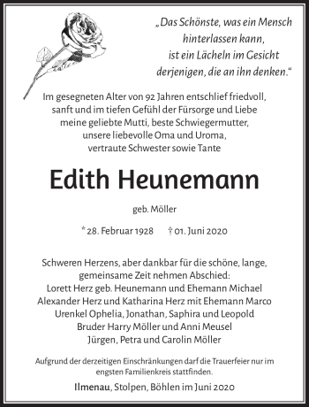 Traueranzeige von Edith Heunemann von Südthüringer Presse