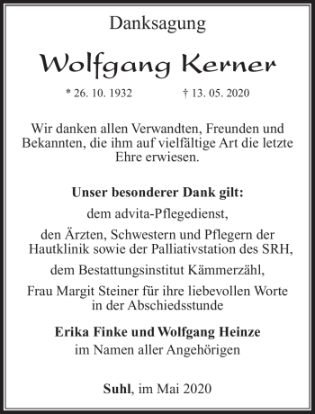 Traueranzeige von Wolfgang Kerner von Südthüringer Presse