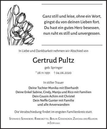 Traueranzeige von Gertrud Pultz von Südthüringer Presse