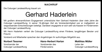 Traueranzeige von Gerhard Haderlein von Neue Presse Coburg