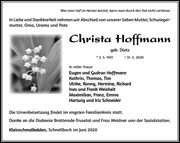 Traueranzeige von Christa Hofmann von Südthüringer Presse