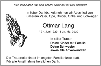 Traueranzeige von Ottmar Lang von Frankenpost