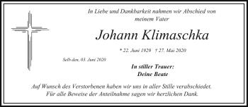 Traueranzeige von Johann Klimaschka von Frankenpost