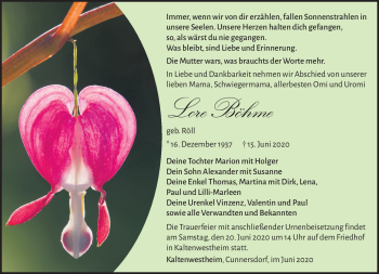 Traueranzeige von Lore Böhme von Südthüringer Presse