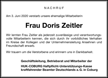 Traueranzeige von Doris Zeitler von Neue Presse Coburg