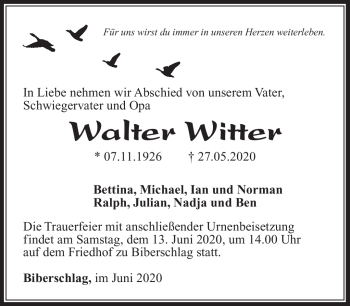Traueranzeige von Walter Witter von Südthüringer Presse