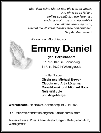 Traueranzeige von Emmy Daniel von Südthüringer Presse