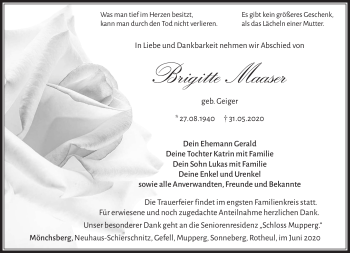 Traueranzeige von Brigitte Maaser von Südthüringer Presse