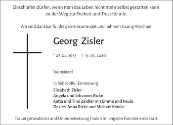 Traueranzeige von Georg Zisler von Frankenpost