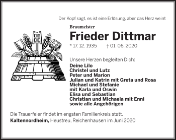 Traueranzeige von Frieder Dittmar von Südthüringer Presse