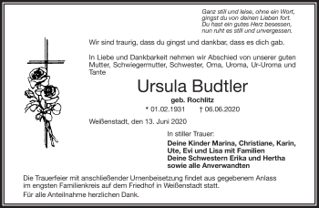Traueranzeige von Ursula Budtler von Frankenpost