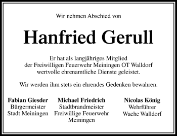 Traueranzeige von Hanfried Gerull von Südthüringer Presse