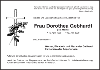 Traueranzeige von Dorothea Gebhardt von Frankenpost