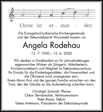 Traueranzeige von Angela Rodehau von Frankenpost