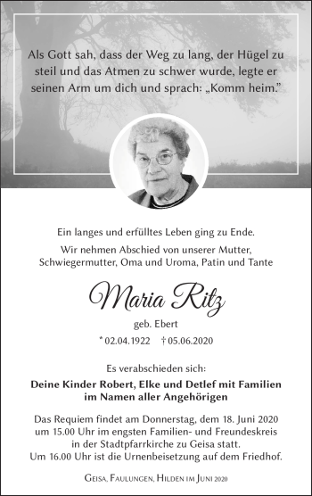 Traueranzeige von Maria Ritz von Südthüringer Presse