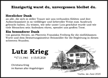 Traueranzeige von Lutz Krieg von Südthüringer Presse