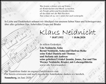 Traueranzeige von Klaus Neidnicht von Südthüringer Presse