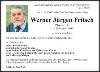 Traueranzeige von Werner Jürgen Fritsch von Südthüringer Presse