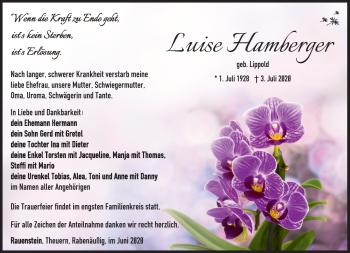 Traueranzeige von Luise Hamberger von Südthüringer Presse
