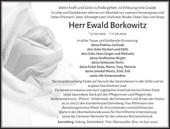 Traueranzeige von Ewald Borkowitz von Südthüringer Presse