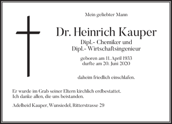 Traueranzeige von Heinrich Kauper von Frankenpost