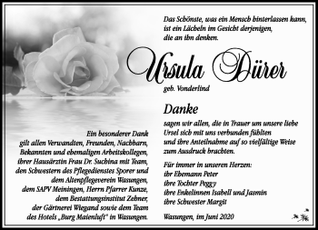 Traueranzeige von Ursula Dürer von Südthüringer Presse