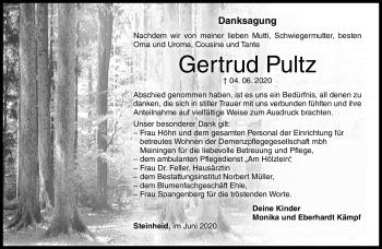 Traueranzeige von Gertrud Pultz von Südthüringer Presse