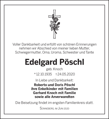 Traueranzeige von Edelgard Pöschl von Südthüringer Presse