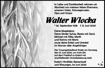 Traueranzeige von Walter Wlocka von Südthüringer Presse