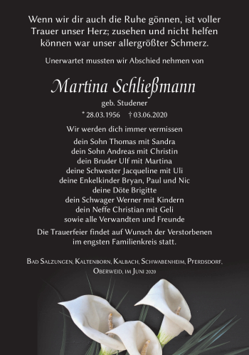 Traueranzeige von Martina Schließmann von Südthüringer Presse