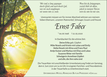 Traueranzeige von Ernst Faber von Südthüringer Presse