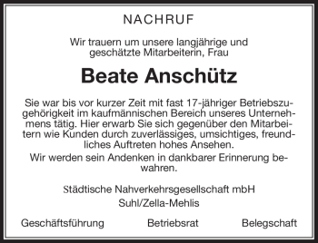 Traueranzeige von Beate Anschütz von Südthüringer Presse