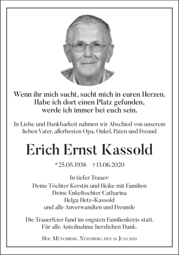 Traueranzeige von Ernst Kassold von Frankenpost