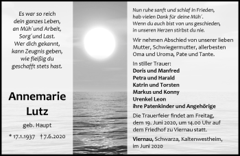 Traueranzeige von Annemarie Lutz von Südthüringer Presse