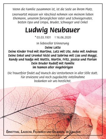 Traueranzeige von Ludwig Neubauer von Südthüringer Presse