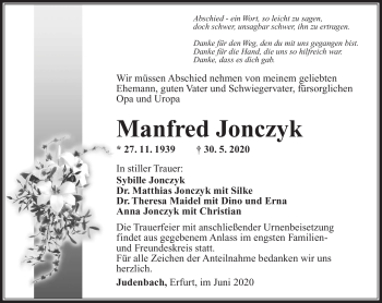 Traueranzeige von Manfred Jonczyk von Südthüringer Presse