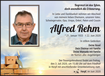Traueranzeige von Alfred Rehm von Südthüringer Presse