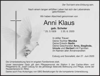 Traueranzeige von Anni Klaus von Neue Presse Coburg