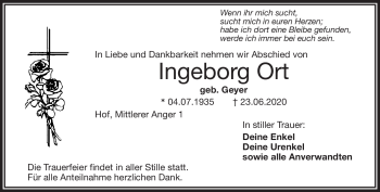 Traueranzeige von Ingeborg Ort von Frankenpost