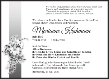 Traueranzeige von Marianne Krahmann von Südthüringer Presse
