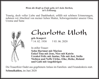 Traueranzeige von Charlotte Uloth von Südthüringer Presse