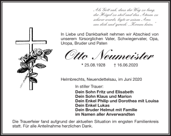 Traueranzeige von Otto Neumeister von Frankenpost