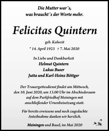 Traueranzeige von Felicitas Quintern von Südthüringer Presse