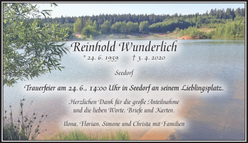 Traueranzeige von Reinhold Wunderlich von Frankenpost