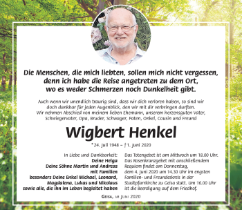 Traueranzeige von Wigbert Henkel von Südthüringer Presse