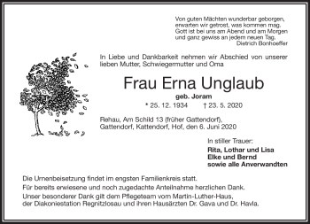 Traueranzeige von Erna Unglaub von Frankenpost