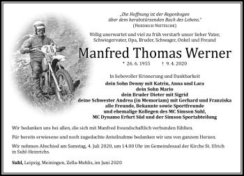 Traueranzeige von Manfred Thomas Werner von Südthüringer Presse