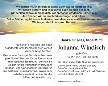 Traueranzeige von Johanna Windisch von Südthüringer Presse