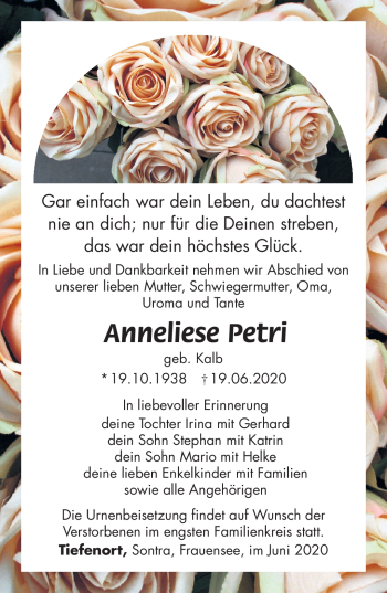 Traueranzeige von Anneliese Petri von Südthüringer Presse